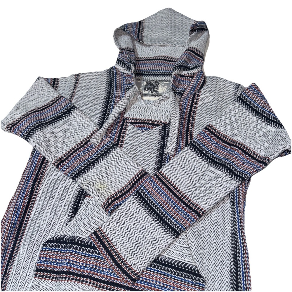 Original Senor Lopez Hoodie Pullover Size S White Woven Drug Rug Poncho Mexico‎